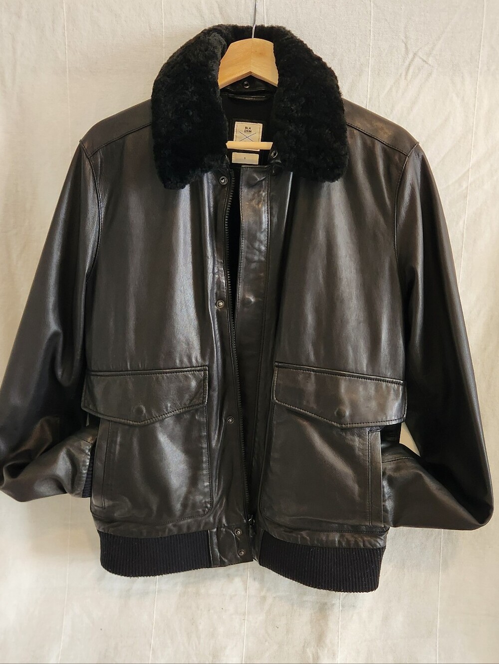 GAP Genuine Black Leather Bomber Jacket with Shearling Collar
